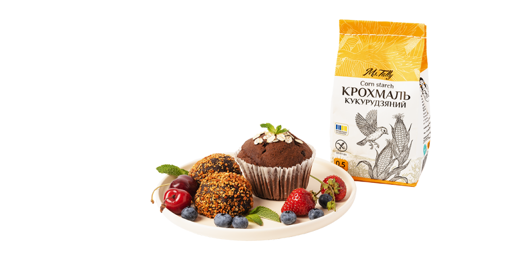 Пакування кукурудзяного крохмалю Ms. Tally на білому тлі, ізольована предметна фотографія для каталогу