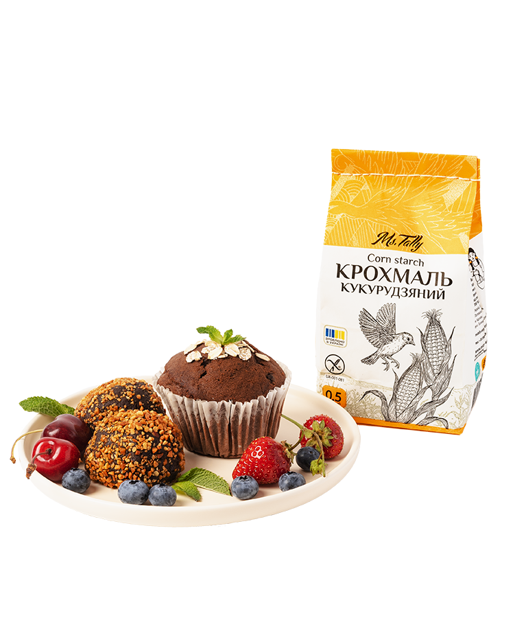 Пакування кукурудзяного крохмалю Ms. Tally на білому тлі, ізольована предметна фотографія для каталогу