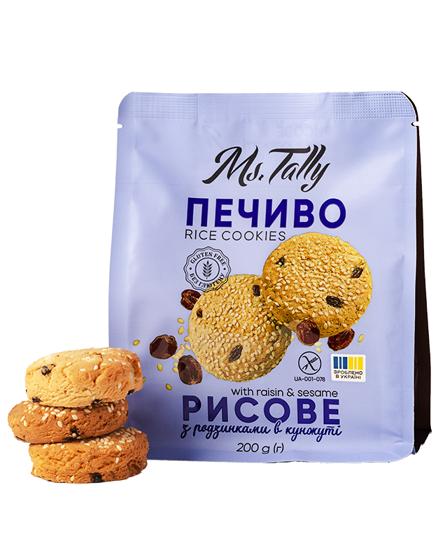 Ms. Tally rice crackers packaging on white background, isolated product photo for catalog